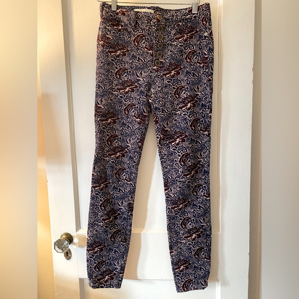 Pilcro by Anthropologie Blue Floral Button Front High Rise Skinny Tall Corduroys